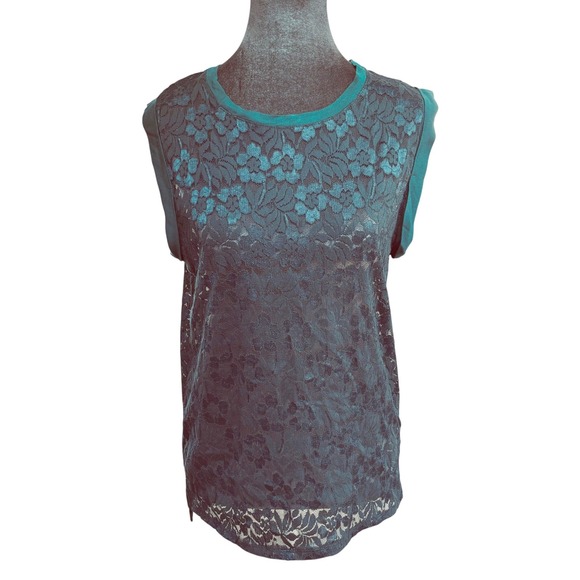 Chloe K Tops - Chloe K Jrs Whimsigoth Boho Lace Sleeveless Teal Floral Sheer Overlay Shell M